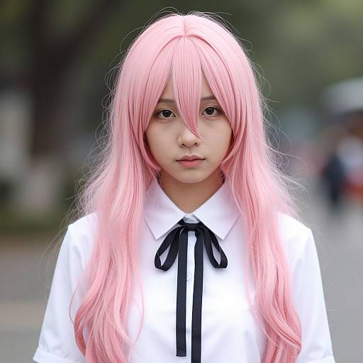 Photograph of a young Asian woman with long, pink wig, white shirt, and black ribbon, standing outdoors with blurred background.
