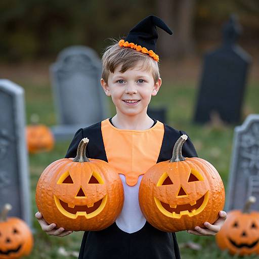 Photograph of a smiling young boy in a black witch hat and orange shirt, holding two carved jack-o'-lanterns in a graveyard.