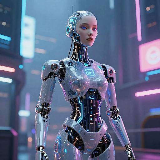 Futuristic Humanoid Robot in Cyberpunk City
