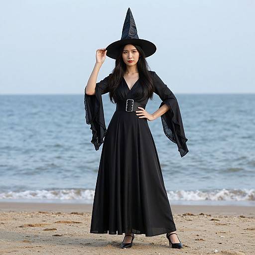 Photograph of a young woman in a black witch costume with a pointed hat, long dress, and frilled sleeves, standing on a sandy beach with