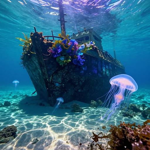 Photograph of a sunken shipwreck adorned with colorful coral and seaweed, surrounded by two glowing jellyfish and illuminated underwater light patterns.