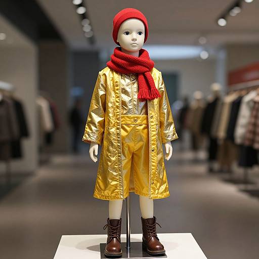 Photograph of a mannequin in a bright gold raincoat, red knit beanie, matching red scarf, and brown boots, displayed in a