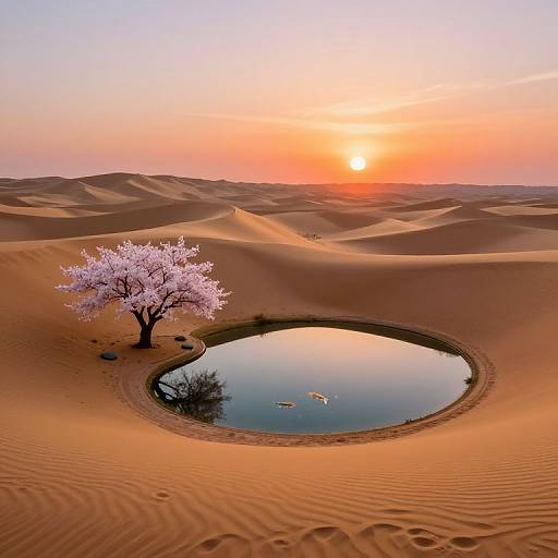 Photograph of a serene desert sunset with a pink-blossomed tree beside a reflective circular pond, surrounded by golden sand dunes.