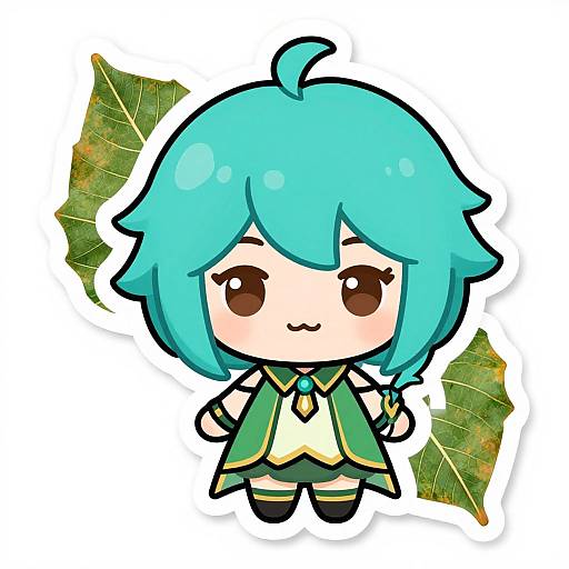 Chibi-style digital drawing of a cute character with turquoise hair, brown eyes, green and yellow outfit, and two green leaves in the background.
