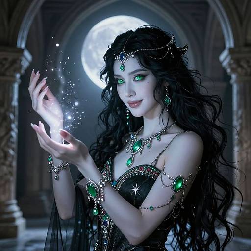 Enigmatic Sorceress in Moonlit Archway