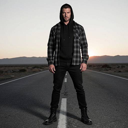 Photograph of a serious, bearded man with dark hair, wearing a black hoodie, checkered jacket, and black pants, standing on an empty