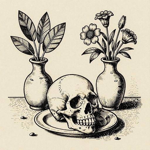 Vintage Skull Still Life Ink Drawing