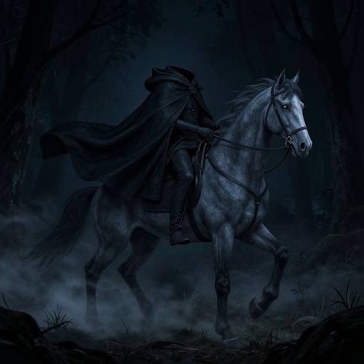 Digital artwork of a dark, spectral horse with glowing eyes and a mysterious rider, cloaked and mounted, galloping through a misty, moon
