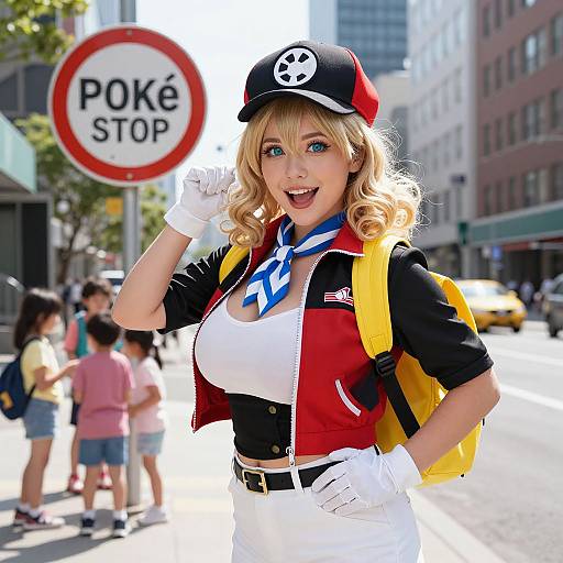 Photograph of a blonde cosplayer in a black and red jacket, white tank top, white pants, and a 