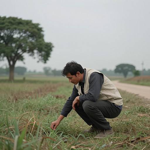 Man Crouching in Grassy Field