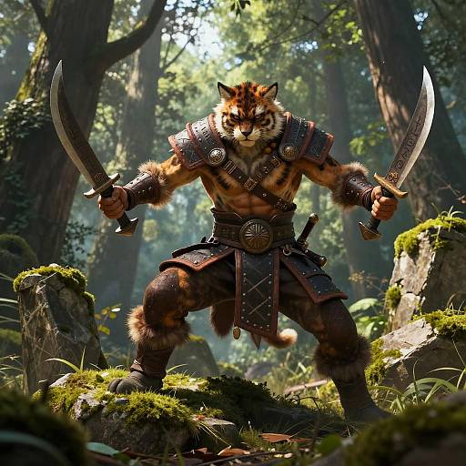 Digital artwork of a muscular anthropomorphic tiger warrior with fur-covered arms and legs, wielding curved daggers, standing in a sunlit forest with moss-covered