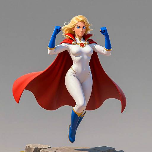 Blonde Superhero in White Bodysuit and Red Cape