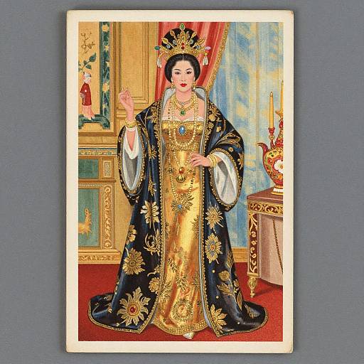 Colorful digital illustration of a regal Asian woman in an ornate gold and black robe, adorned with jewelry, standing in an opulent room with