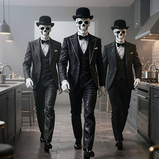 Photograph of three skeletal figures in black tuxedos with bowlers, walking in a modern, dimly lit kitchen.