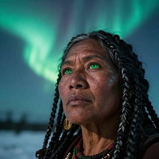 Photograph of an elderly Indigenous woman with braided hair, green eyes, and dark skin, gazing at vibrant green Northern Lights.