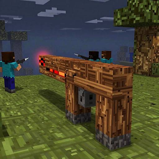 Pixel art of Minecraft: A blocky, wooden, red-laser-emitting turrent stands on grass, with two pixelated players and a tree