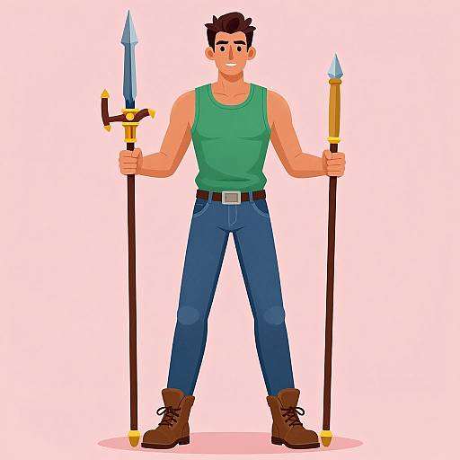 Cartoon illustration of a muscular man with short brown hair, green tank top, blue jeans, and brown boots, holding two spears.