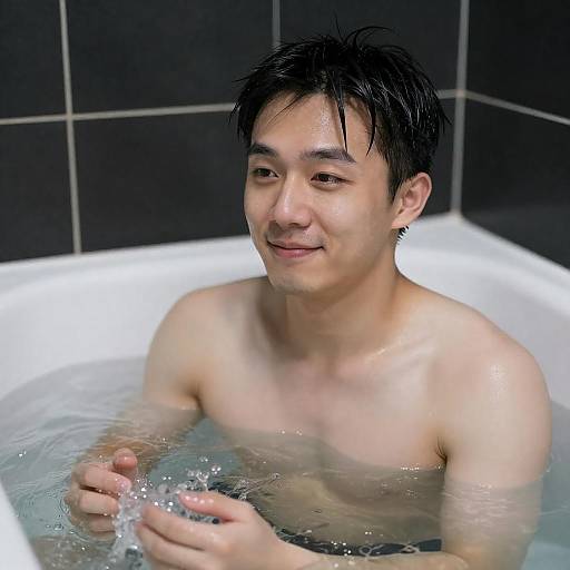 Relaxed Asian Man in Bathtub Splashing Water