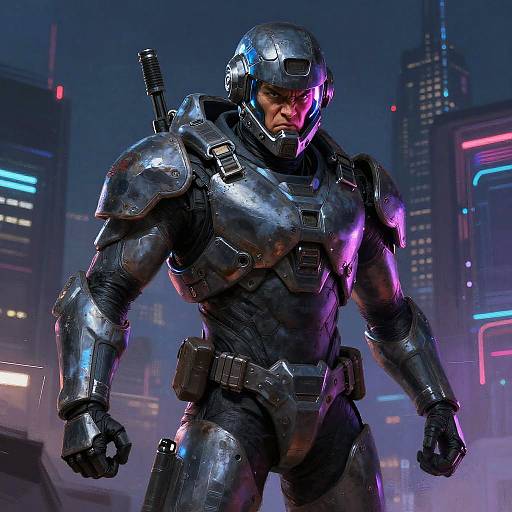 CGI image of a muscular, armored superhero with glowing purple and pink lights, standing in a neon-lit futuristic cityscape at night.