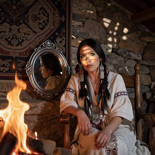 Photograph of a woman with black hair, green eyes, and white traditional dress, sitting by a fireplace in a stone-walled room with a vintage