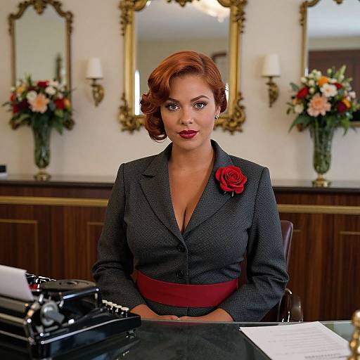 Photograph of a red-haired woman in a gray blazer with a red rose pin, seated at a desk with an antique typewriter, in an