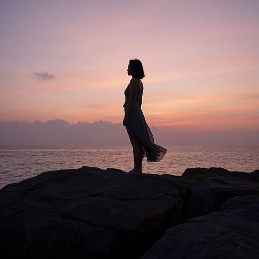 Silhouetted woman in a flowing dress stands on rocky shore at sunset, her profile facing the pink and orange sky. Photograph.