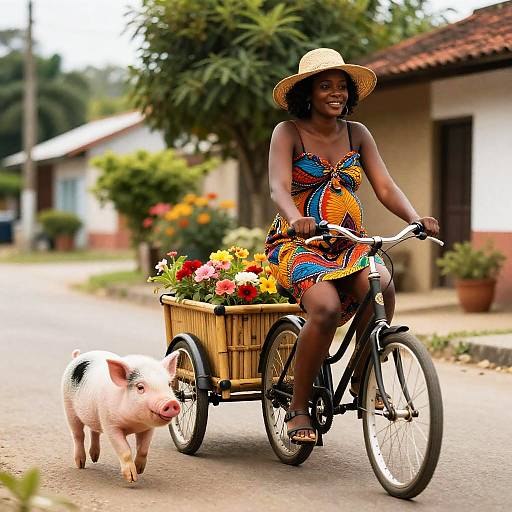 Pregnant Woman Riding Bamboo Bicycle with Piglet