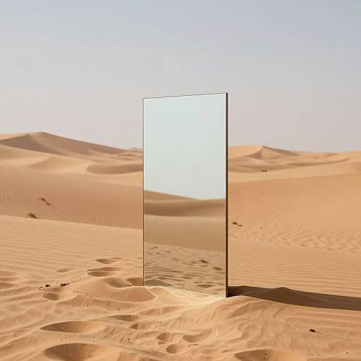 Photograph of a tall, rectangular, empty white frame standing in a sunlit desert with rolling sand dunes and clear blue sky.