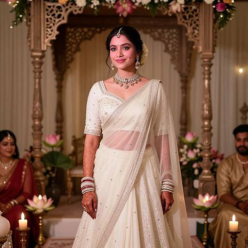 Modern Bride in Ivory Saree Lehenga