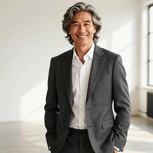 Photograph of a smiling middle-aged man with wavy, gray-streaked hair, wearing a dark gray suit and white shirt, standing in a