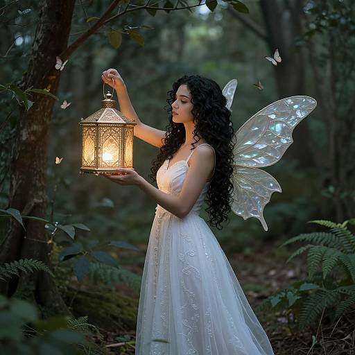 Photograph of a fairy with long curly black hair, wearing a white lace dress and translucent wings, holding a glowing lantern in a dark, enchanted forest
