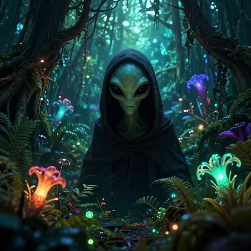 Digital artwork of a mysterious, hooded creature with a skeletal face, surrounded by glowing, colorful mushrooms in a dark, enchanted forest.