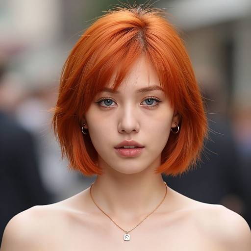 Photorealistic portrait of a young woman with vibrant red, shoulder-length hair, pale skin, blue eyes, wearing a necklace, and hoop earrings,