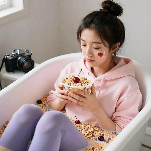Asian woman in pink hoodie, purple leggings, bath with cereal and cherries, reading phone, camera on white shelf, sunlight. Photograph.