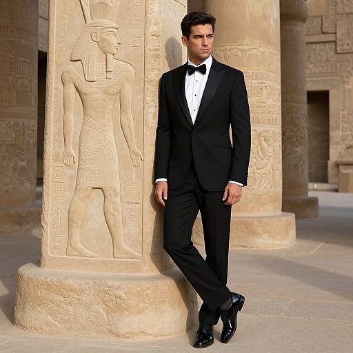 Photograph of a young Caucasian man in a black tuxedo leaning against an ancient Egyptian stone pillar with a carved figure.