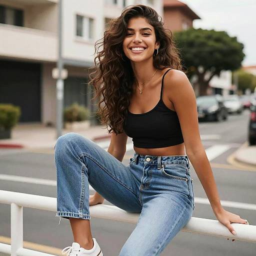 Photograph of a smiling, long-haired woman with tan skin, wearing a black crop top and high-waisted blue jeans, sitting on a white