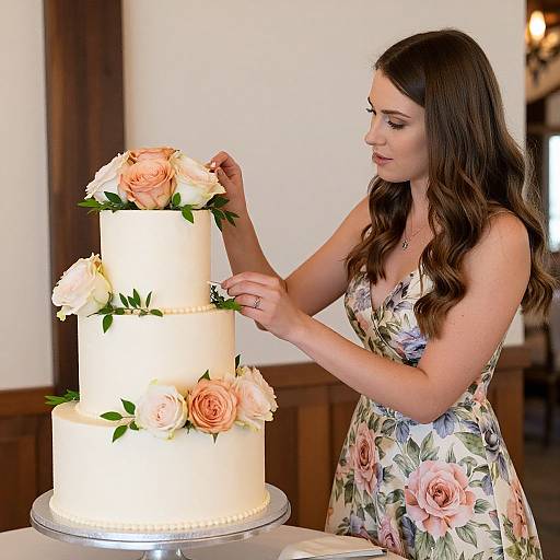 Elegant Woman Decorating Wedding Cake