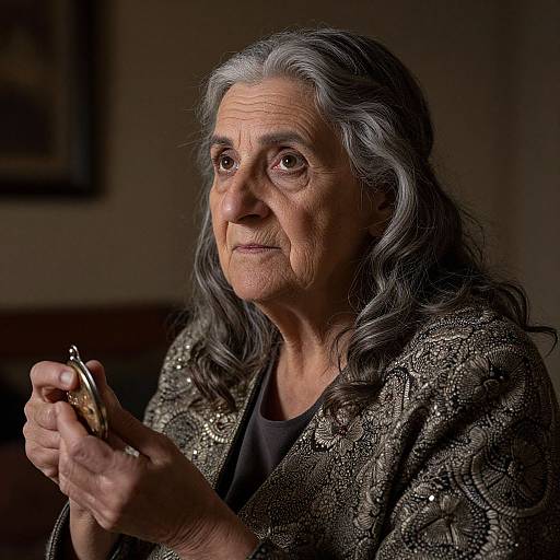 Photograph of an elderly woman with long gray hair, wearing a textured, sparkly brown coat, holding a small object, looking thoughtfully into the