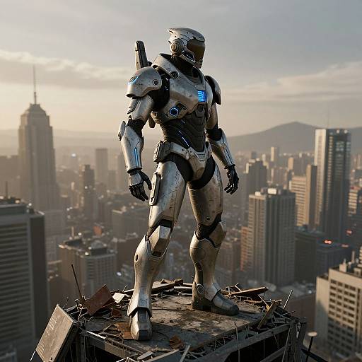 Photorealistic CGI of a silver, futuristic robot standing on a rooftop, overlooking a sprawling, sunlit cityscape with mountains in the background.