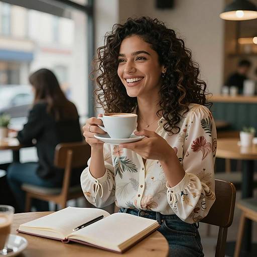 Joyful Woman in Cozy Café Setting