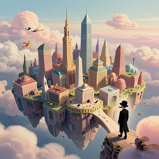 Digital fantasy artwork of a floating, colorful cityscape with diverse architecture, silhouetted figure, flying bird, and whimsical clouds.