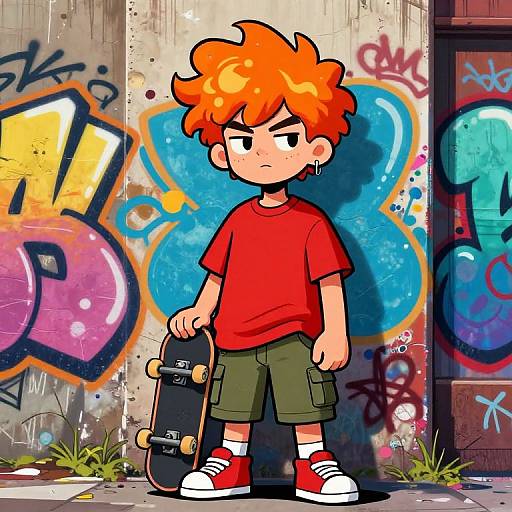 Cartoon-style drawing of a grumpy, orange-haired boy in a red shirt, green shorts, and red sneakers, holding a skateboard against a colorful