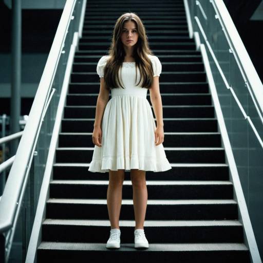 Young Woman in White Dress on Stairs