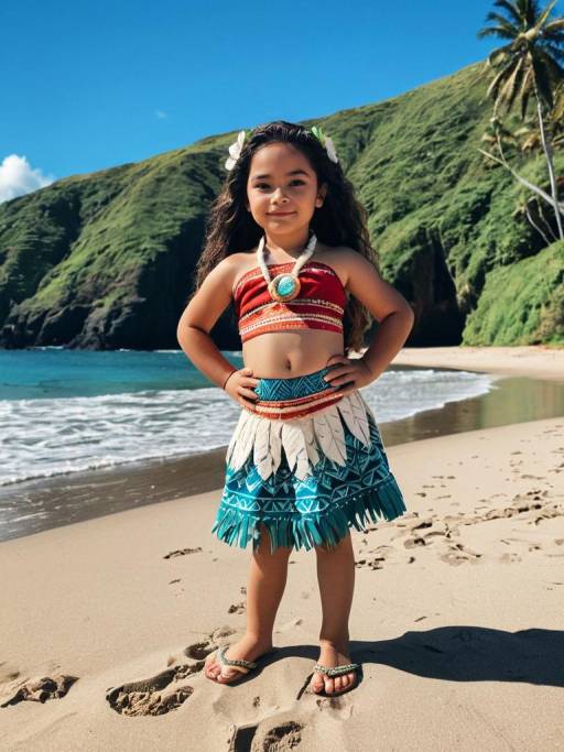 Girl in Moana Costume on Tropical Beach