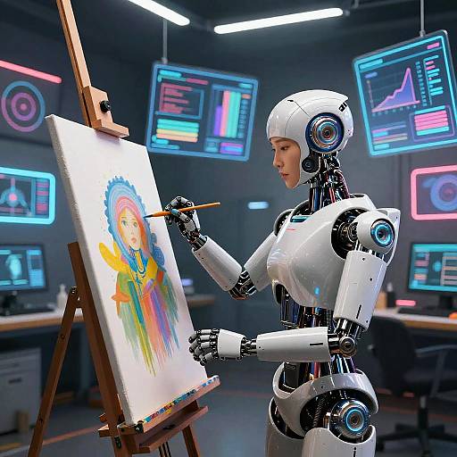 Photorealistic CGI of a white, humanoid robot with blue accents, painting a colorful portrait on an easel in a neon-lit, futuristic studio