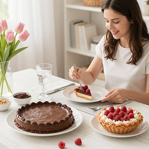 Photograph of a smiling brunette woman in a white shirt, cutting a slice of cake with strawberries on a white table, surrounded by a chocolate cake,