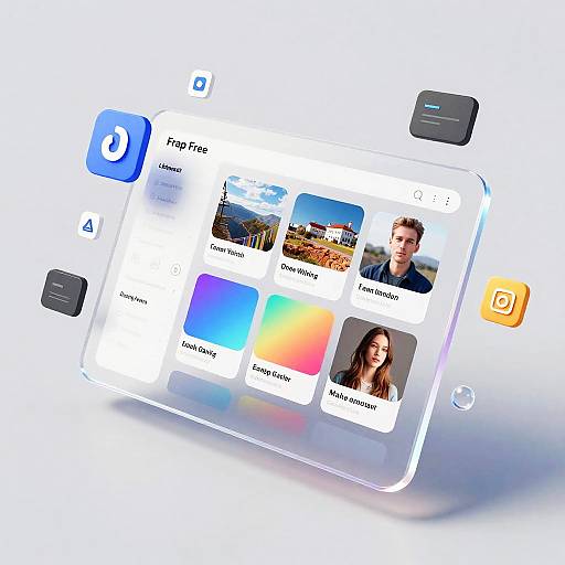 Digital illustration of a tablet displaying a photo editing app interface with four profile pictures and color picker options, surrounded by iOS-style navigation buttons.
