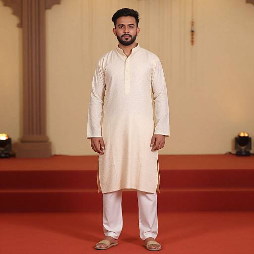 Photograph of a bearded man with dark hair, wearing a white traditional long kurta and white pants, standing on a red carpeted stage with