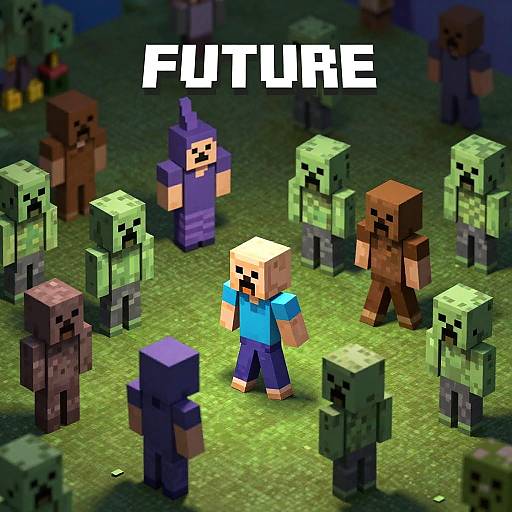 Pixel art scene of Minecraft-style characters in a grassy field, with a central blue-shirted figure surrounded by green and brown zombies. 