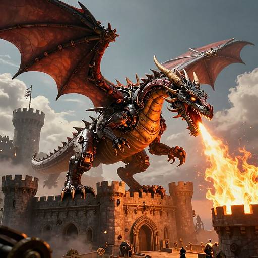 Digital artwork of a fierce, black-and-red dragon with glowing eyes and fire-breathing, soaring over a burning medieval castle with crenellated towers